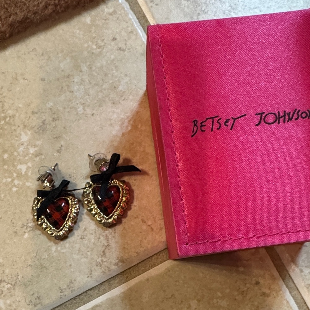 Betsey Johnson Plaid Heart Earrings with Gold Trim
